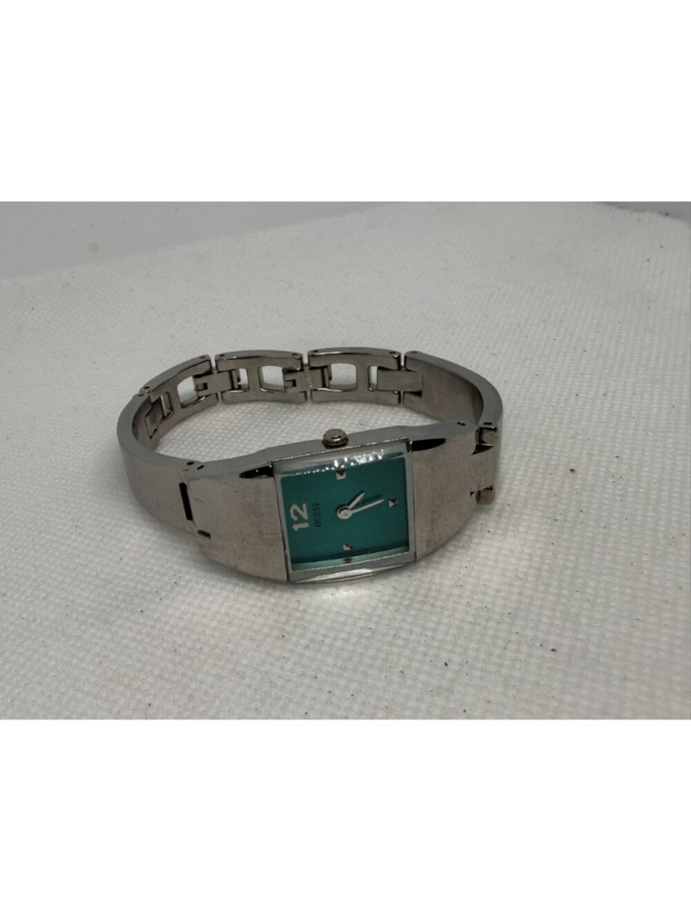 Vintage Guess Women's Teal Rectangular Dial Silver-Tone Metal Band Quartz Watch - Picture 9 of 11